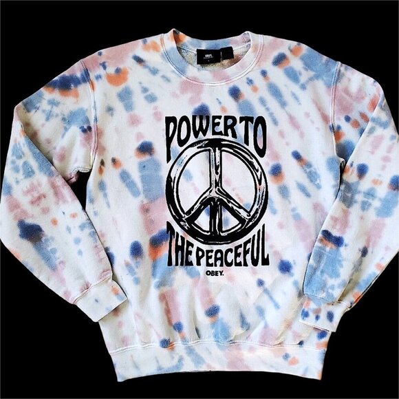 NEW Buckle OBEY Peace Tie Dye Graphic Pullover Crew Sweatshirt Pink Blue SMALL - Picture 1 of 13